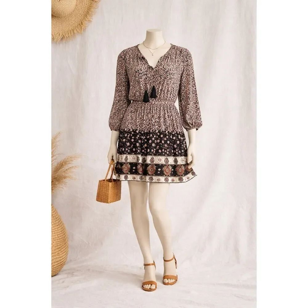 Auguste The Label Olson Belle Floral Babydoll Mini Dress Boho Tassel US 4